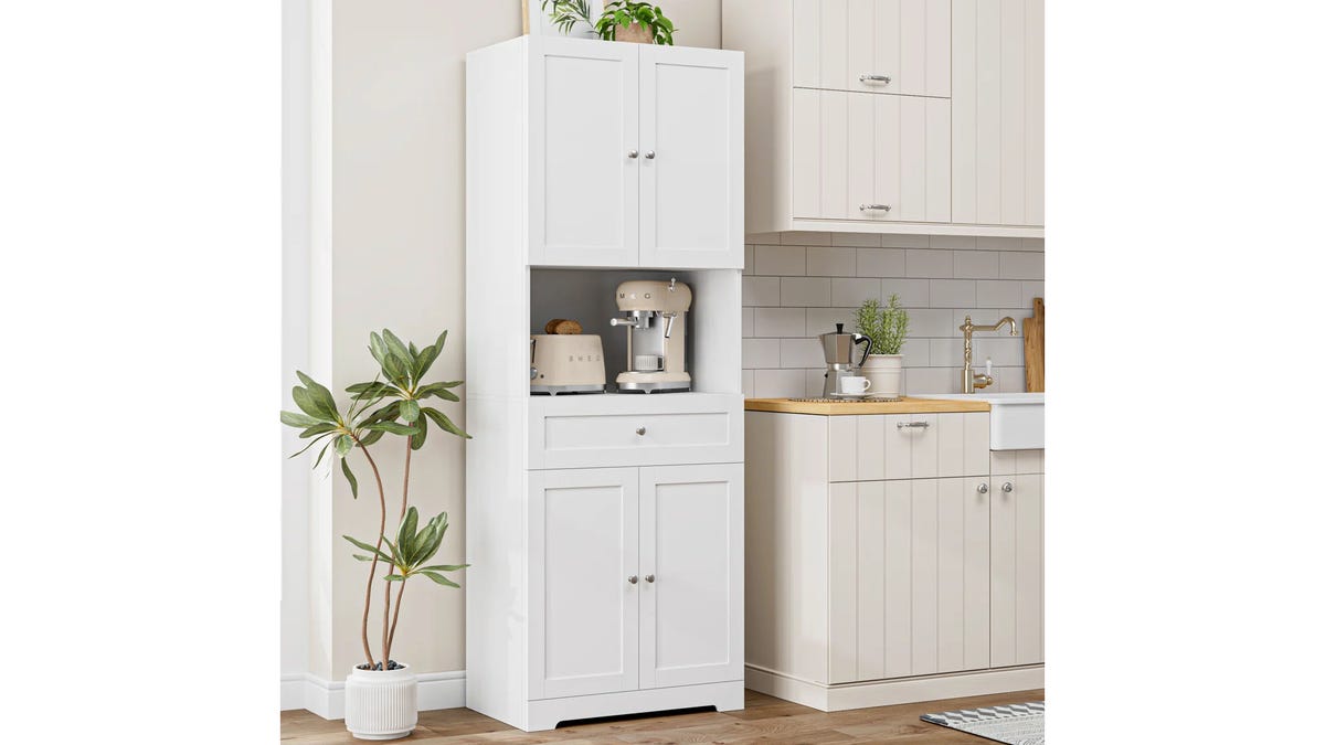 This kitchen pantry is a functional and stylish storage cabinet.