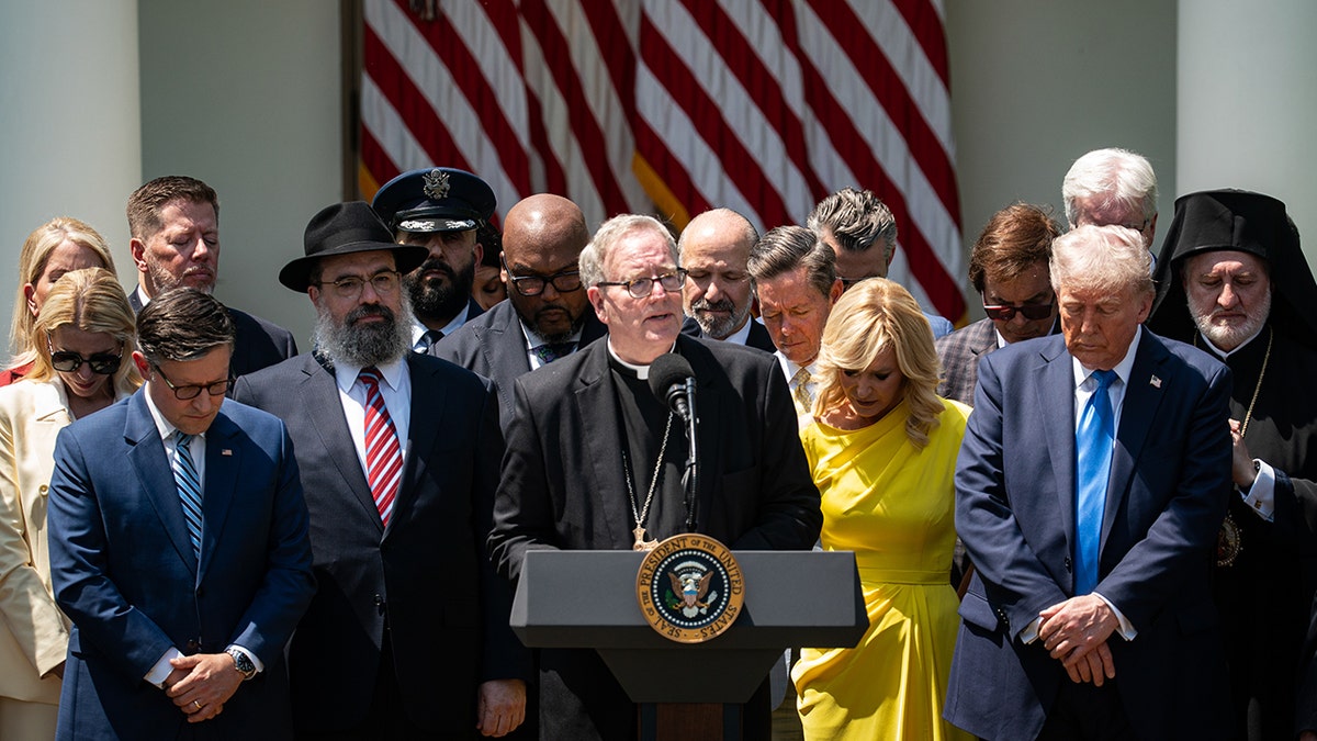 Bishop Robert Baron is leading a prayer in the White House with the leaders of faith and President Donald Trump.