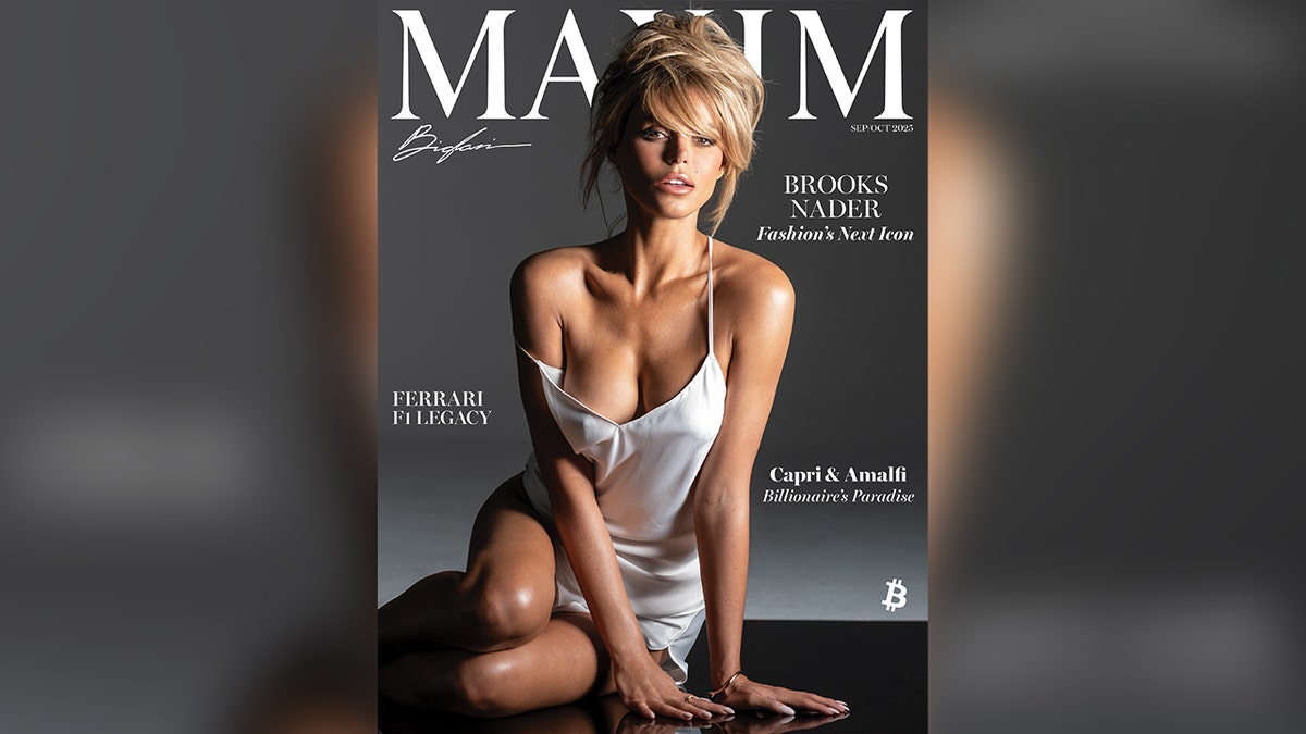 Brooks Nader wears a white slip dress on the cover of Maxim