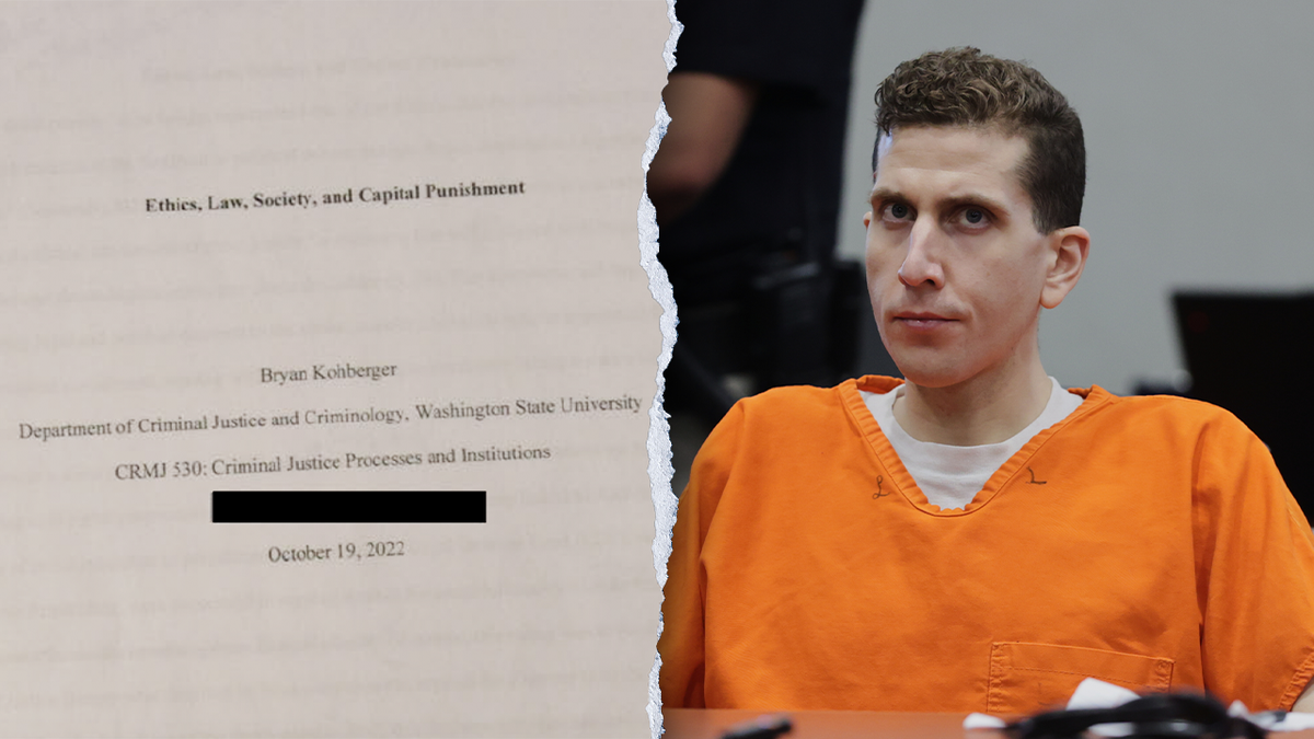A split image showing one of Bryan Kohberger's graduate degree assignments on the left and Kohberger sitting in court in an orange jail jumpsuit at his sentencing hearing on the right