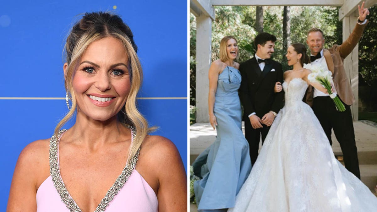A split of Candace Cameron Bure on the red carpet and Candace with Valeri, Natasha and Bradley at the wedding.
