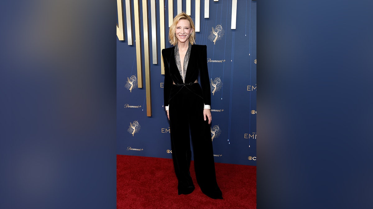 Cate Blanchett in a black suit at the 2025 Emmy Awards.