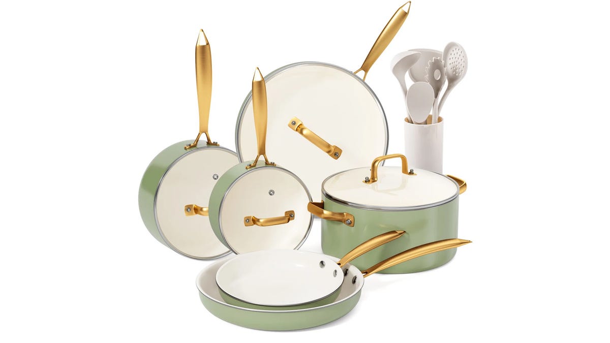 The pots and pans are made with a special ceramic coating that's naturally non-stick.