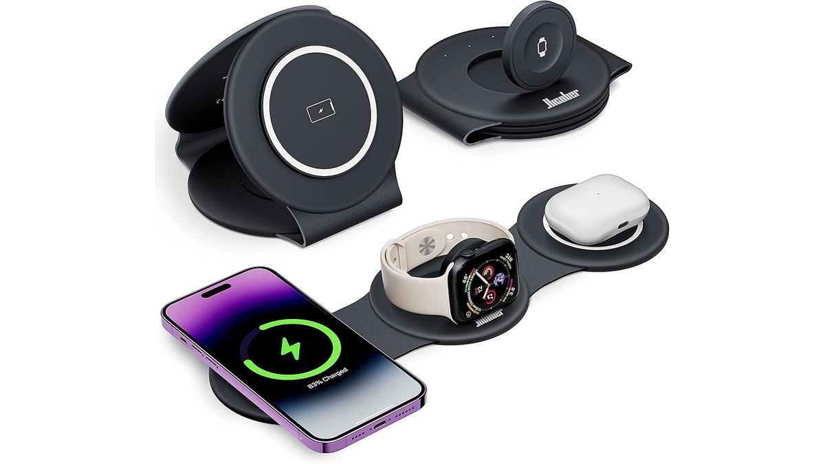 This charging station charges three devices at once.