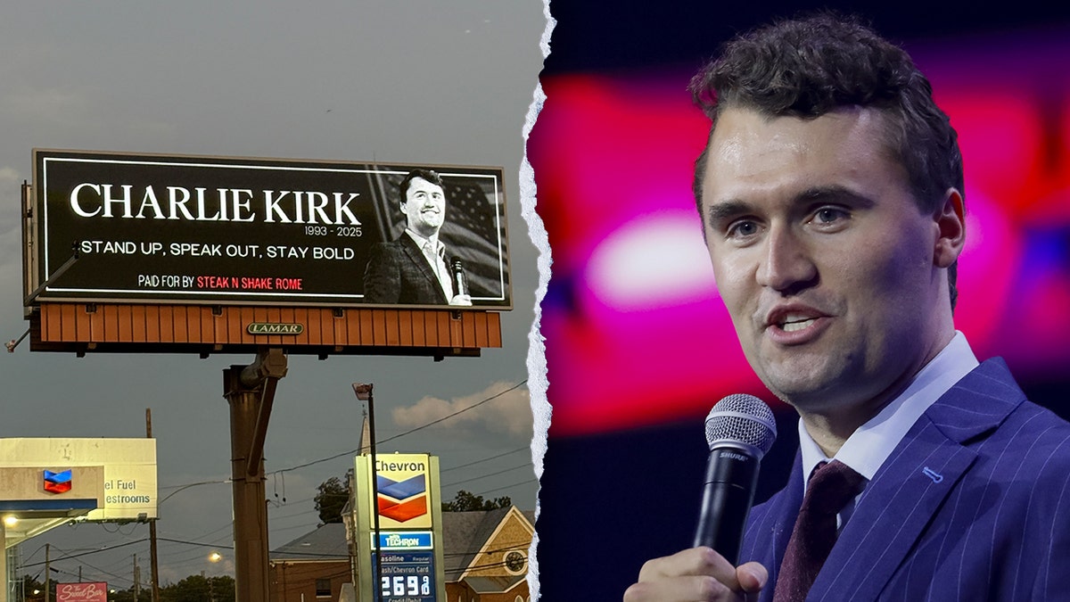Split image of billboard, Charlie Kirk
