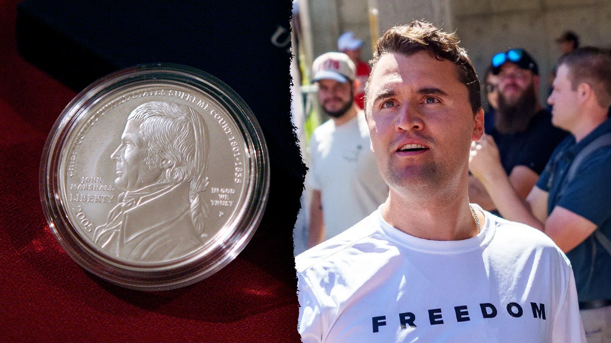 A split image of a John Marshall silver dollar and Charlie Kirk