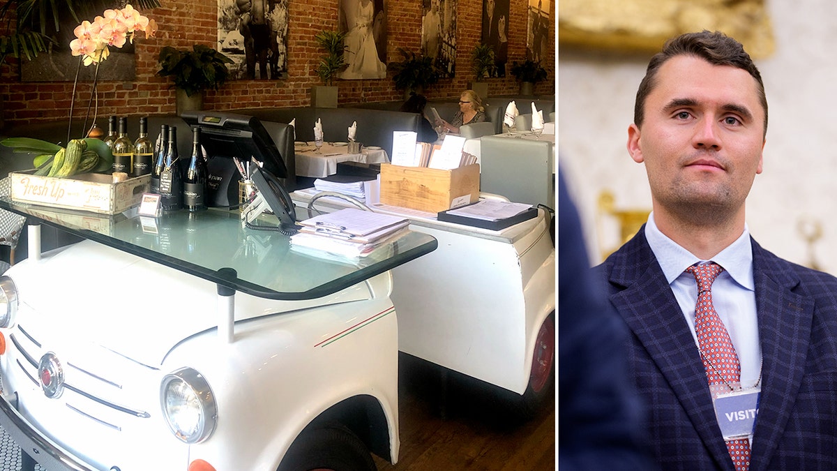 Giuseppe's Cucina Rustica in San Luis Obispo, California, left, and Charlie Kirk, right.