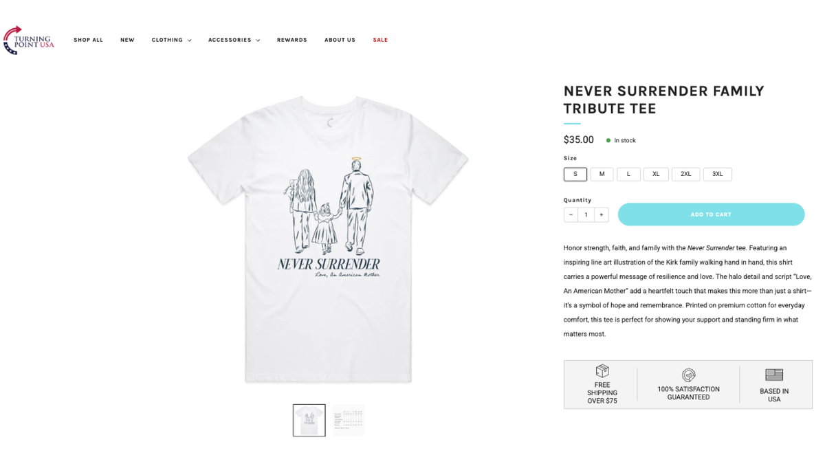 A t-shirt on sale at the Turning Point USA online store