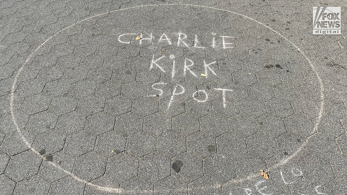 A chalk circle circumscribes the words "Charlie Kirk Spot."