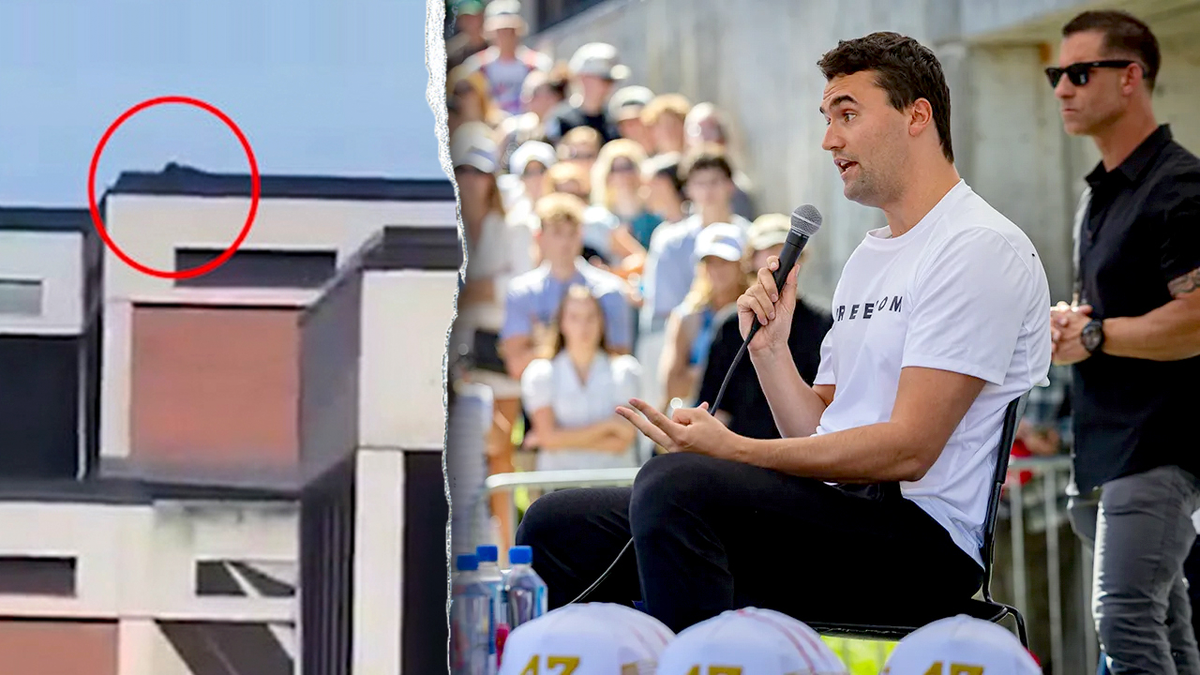 A split image showing Charlie Kirk speaking moments before his death and cellphone video showing a dark-clad figure on a rooftop nearby