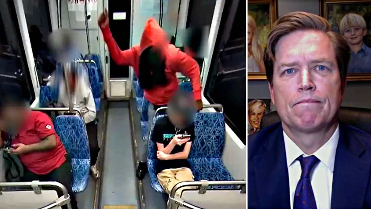 Suspect Decarlos Brown prepares to stab a Ukrainian refugee on a Charlotte light rail train (left). Charlotte city councilmember Edwin B. Peacock III, appears on the right.