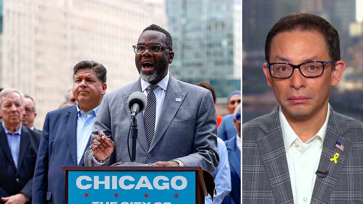 Illinois Democrats (left) standing during a news conference in Chicago. Chicago Alderman Raymond Lopez (D) is pictured on the right.