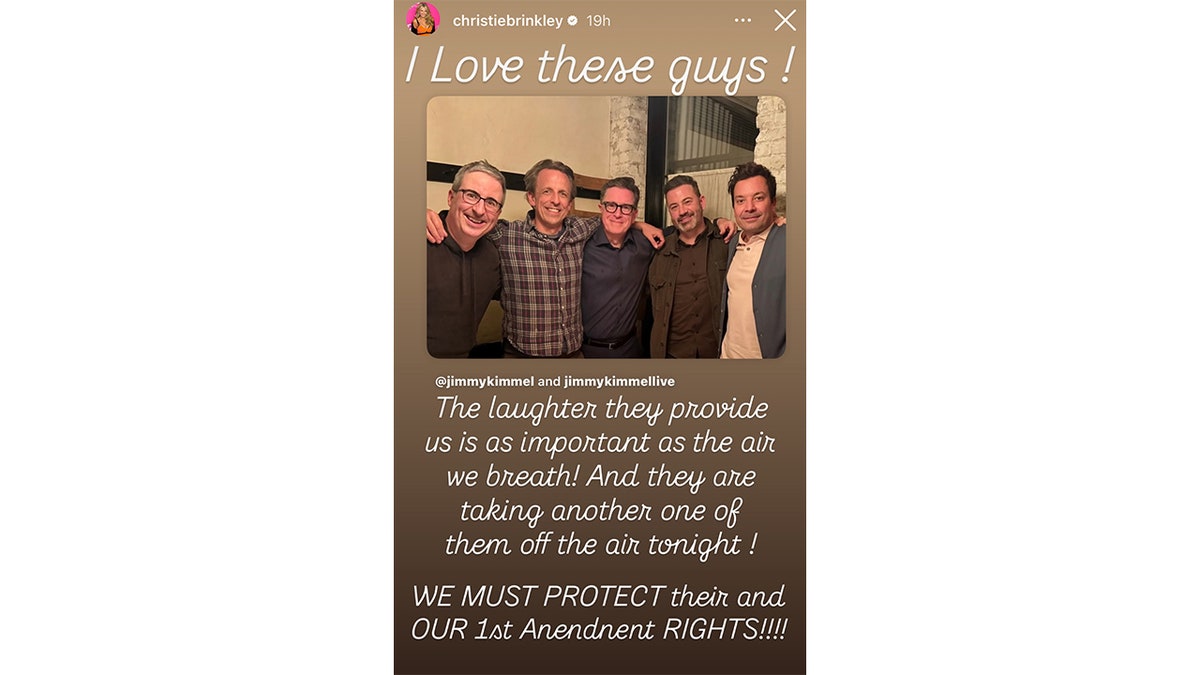 A group photo of late-night hosts John Oliver, Seth Meyers, Stephen Colbert, Jimmy Kimmel, and Jimmy Fallon smiling together, posted by Christie Brinkley on Instagram with supportive text.