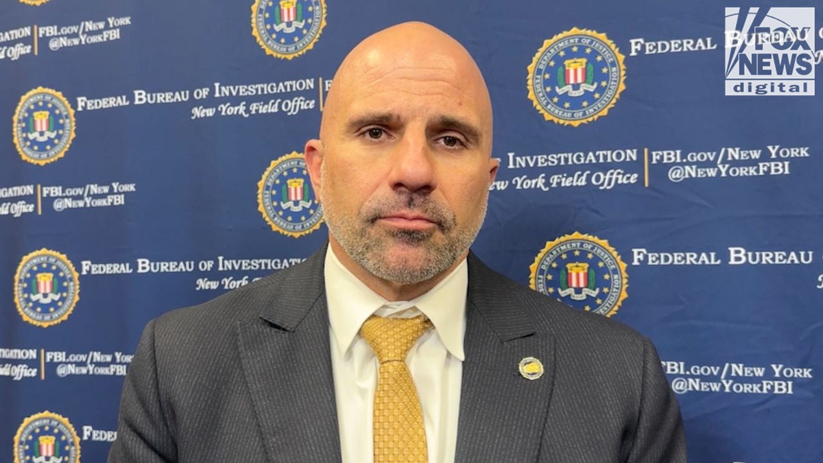 Christopher Raia, FBI assistant director in charge of the New York office, speaks in front of an FBI backdrop during an interview.
