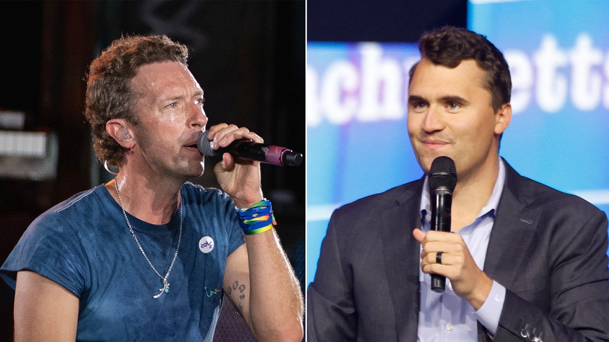 Chris Martin speaks on stage during Coldplay concert, Charlie Kirk holds microphone.