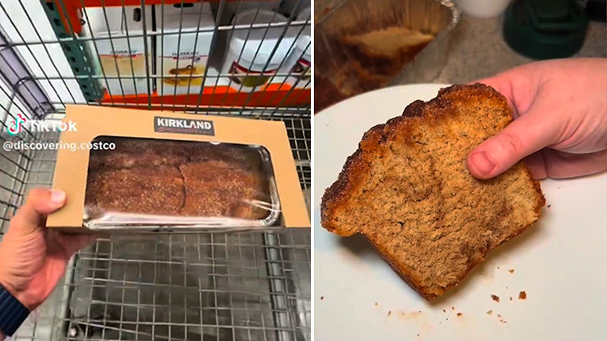 Split image showing the person putting favorite Kirkland signature butter cinnamon sugar load into the left Costco shopping cart; on the right, hand of the person cut into thin slices with bread in the background with bread in tin can