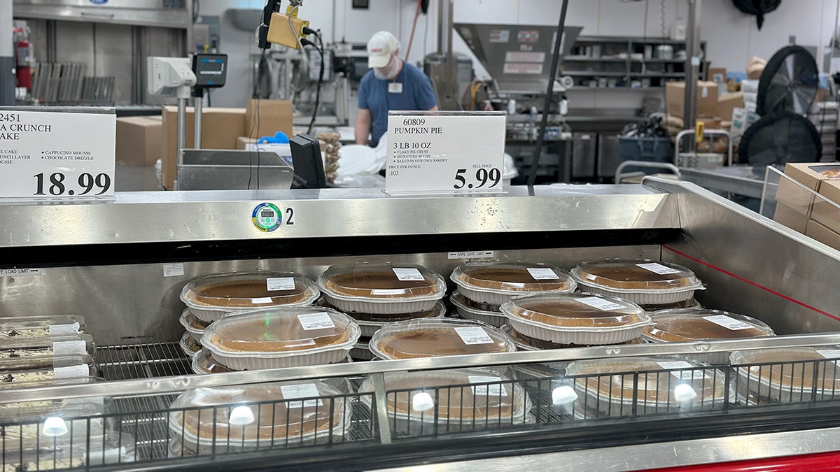 Kirkland Signature's giant pumpkin pies are seen at a Costco.