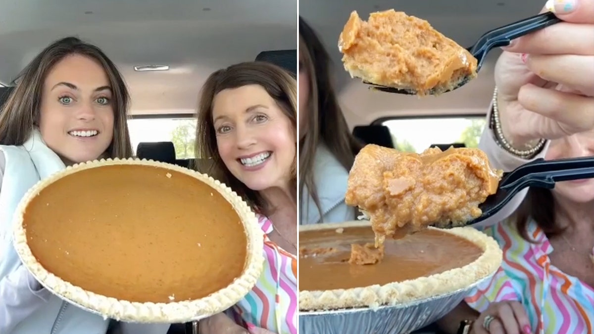 A woman and her mother enjoy a large pumpkin pie from Costco.