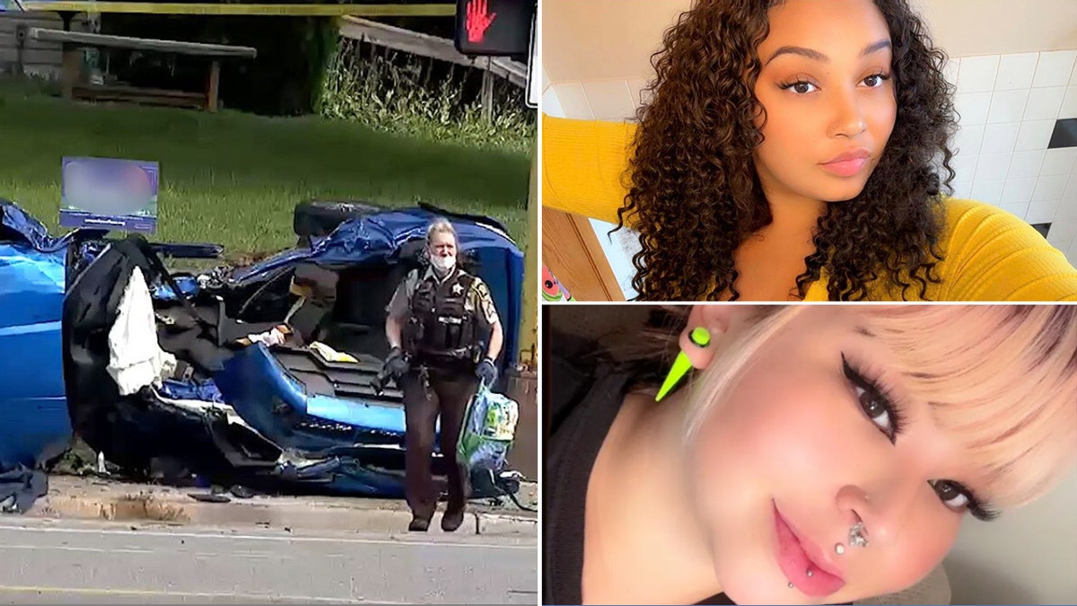 Composite of crash scene with blue Ford Focus on its side and inset portraits of the two victims.