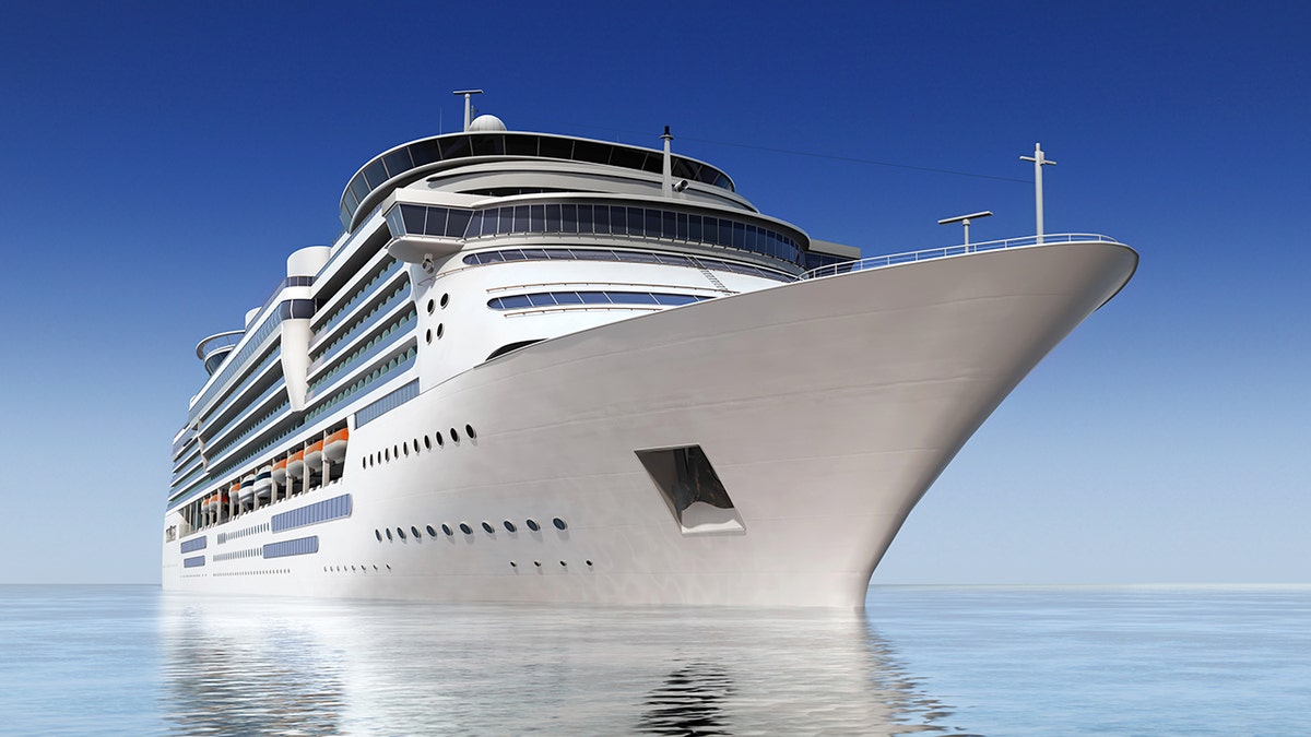 A luxurious white tourist ship was filmed at the water level on a clear day.