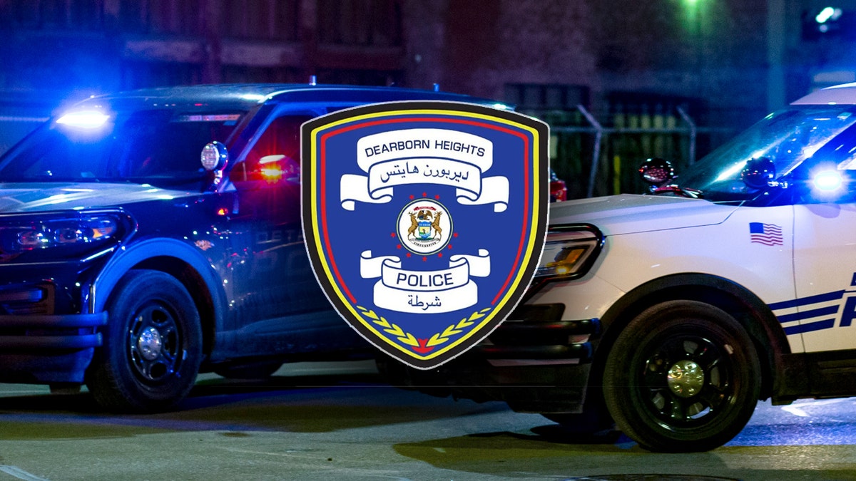 Background: Michigan police vehicles; Foreground: Dearborn Heights Police Department's optional Arabic/English patch
