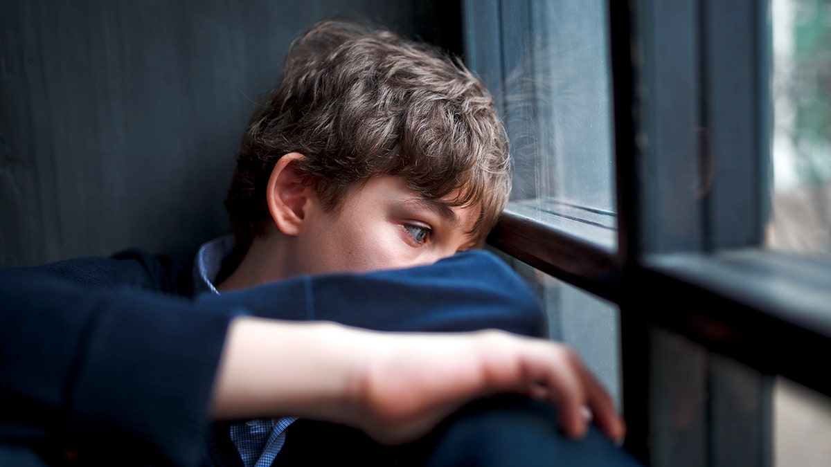A sad boy -teenager looks out the window.