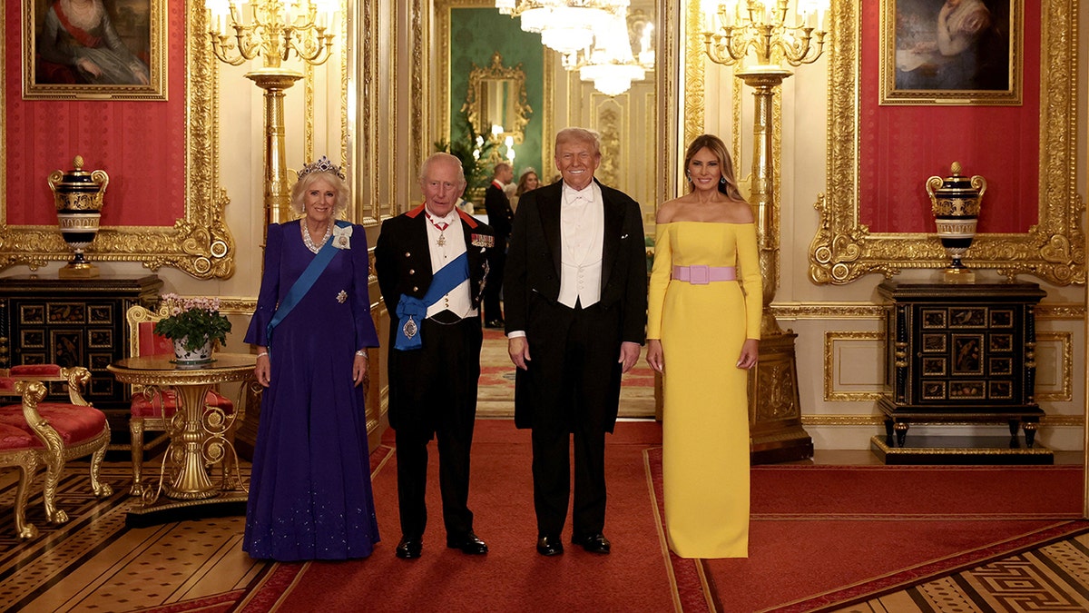President Trump and Melania pose with King Charles and Queen Camilla at the State Dinner.