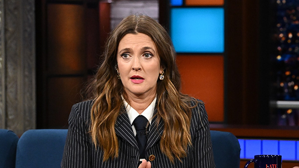 Drew Barrymore striped suit