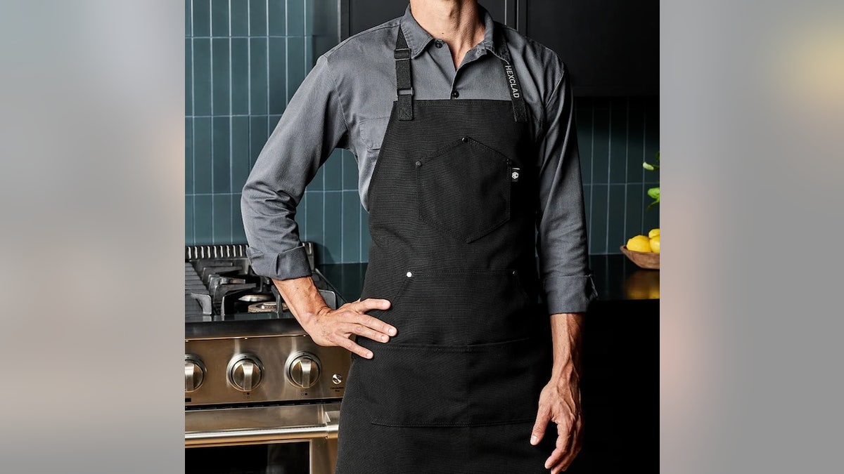 This durable apron wicks water away and won’t hold on to cooking liquids.