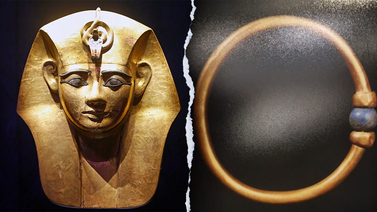 Split image of Pharaoh's mask, gold bracelet