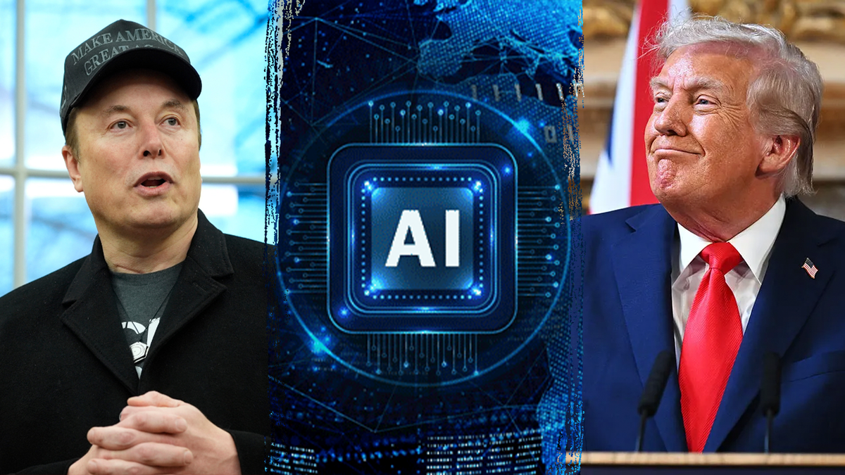 Elon Mask e Donald Trump com gráfico de inteligência artificial