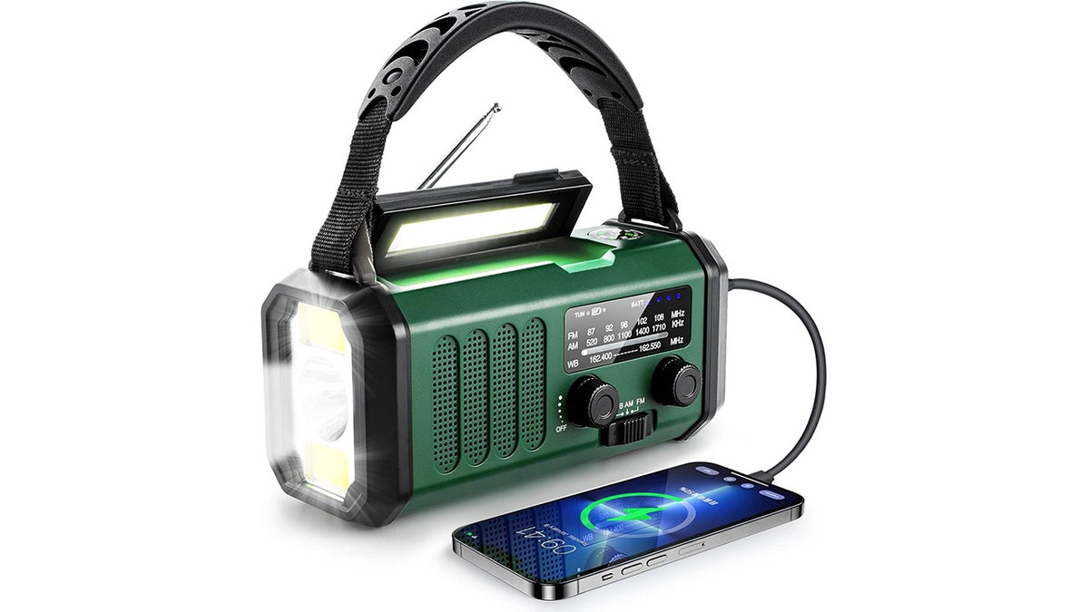 This radio is powered by a crank or solar-charged battery.