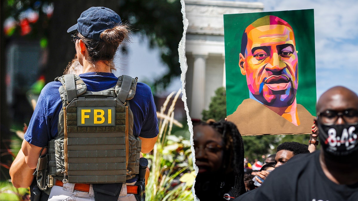 Split photo of an FBI agent in tactical gear and a protester holding a George Floyd sign.