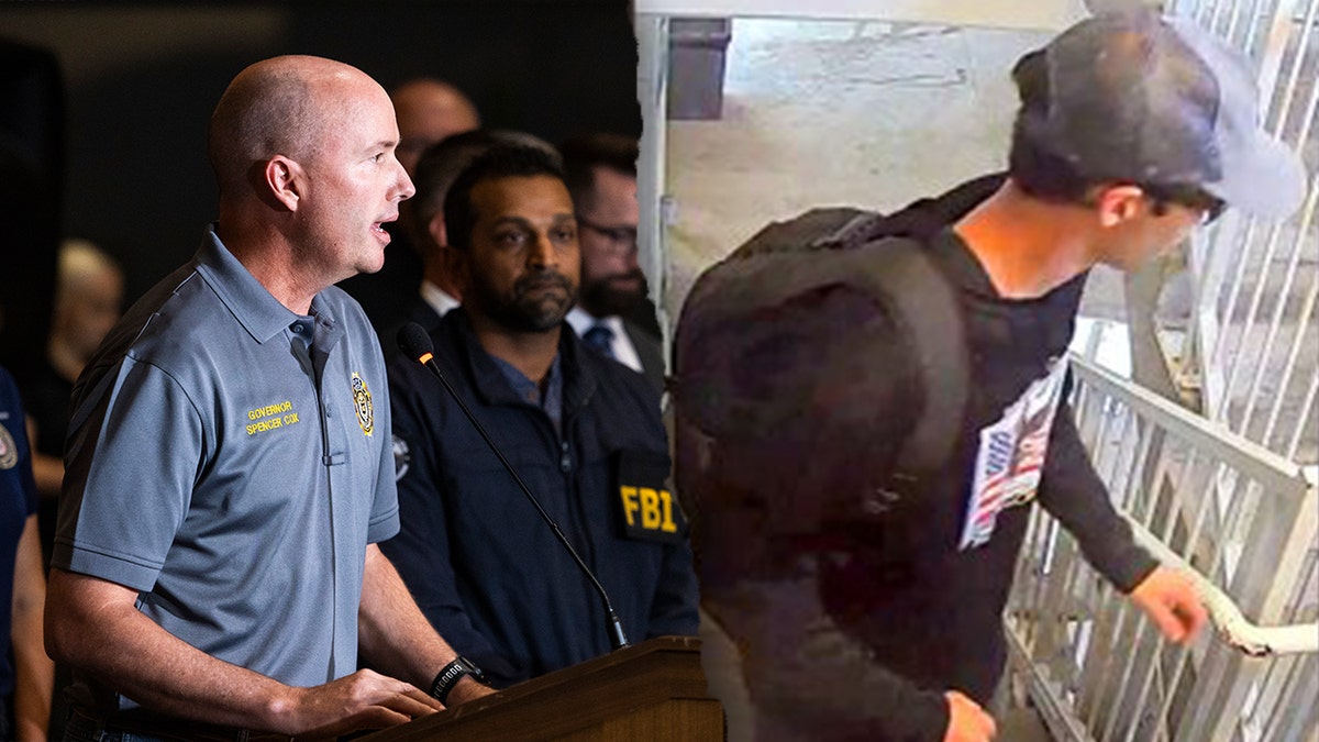Utah Gov. Spencer Cox at press conference with FBI director after Charlie Kirk assassination, alongside suspect image
