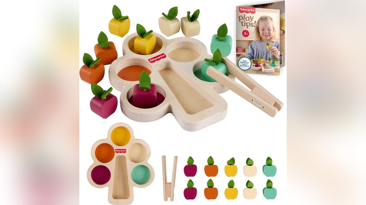 This Montessori-inspired toy helps children learn about colors and shapes through sorting.