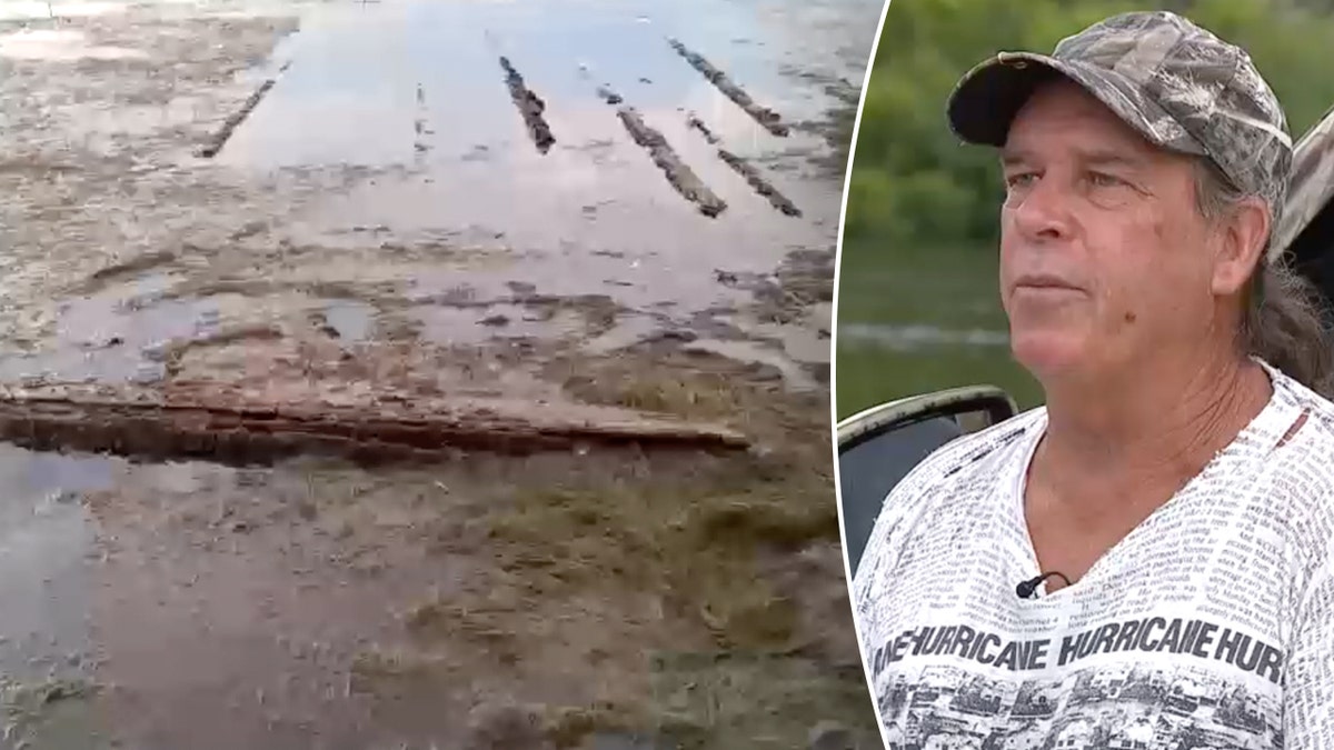 Split image of Peterson speaking next to remains of wooden ship