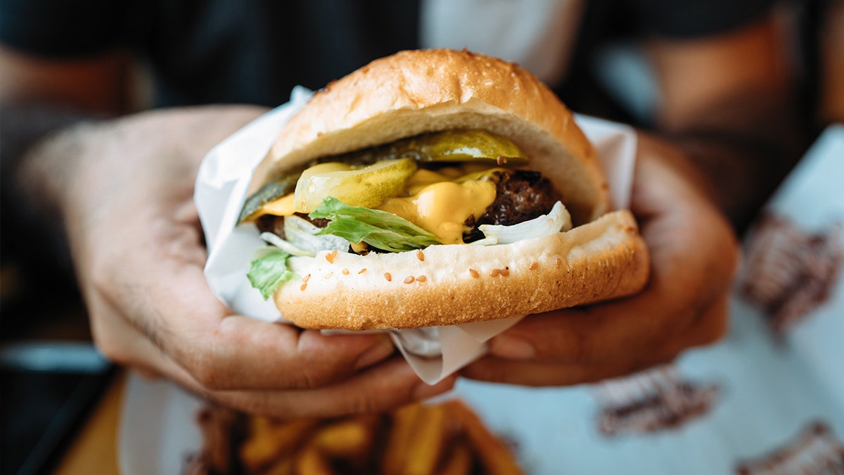 Person holding cheeseburger