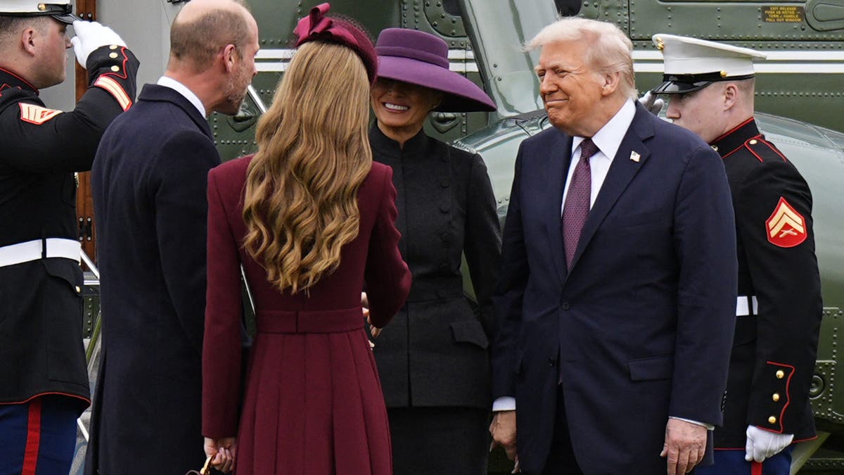 US President Donald Trump and First Lady Melania Trump are greeted by Prince William, Prince of Wales, and Catherine, Princess of Wales, upon their arrival at Windsor Castle on September 17, 2025, for their second State Visit.