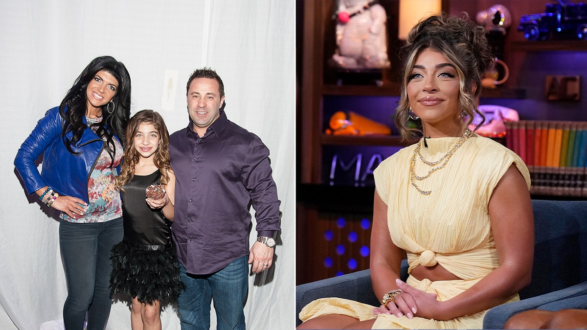 A split of Gia Giudice with her parents, Teresa and Joe Giudice and a photo of her in 2025 in a yellow dress.