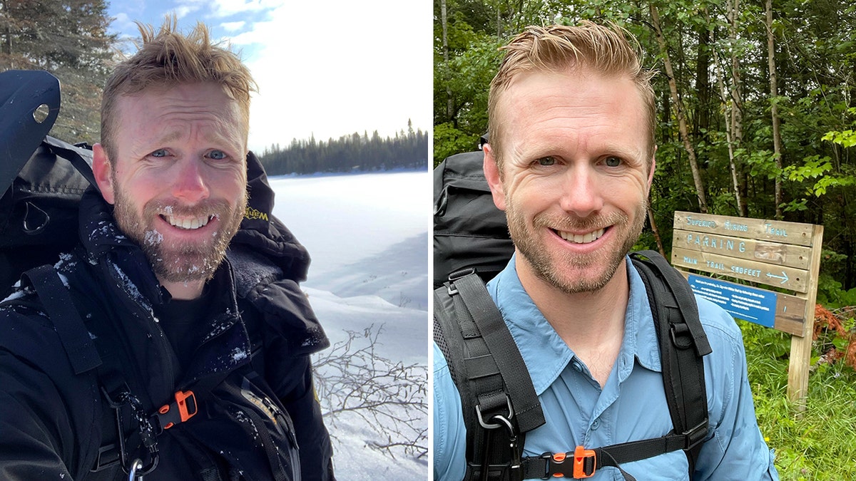 Grant Gardner smiles while a picnic in a snow with a photo of Gardner's Bedber
