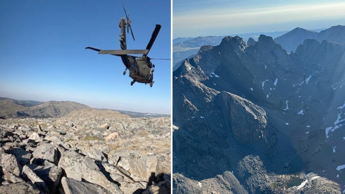 A helicopter is looking for a rugged mountain terrain divided with a picture of the air view of the mountains and the valley
