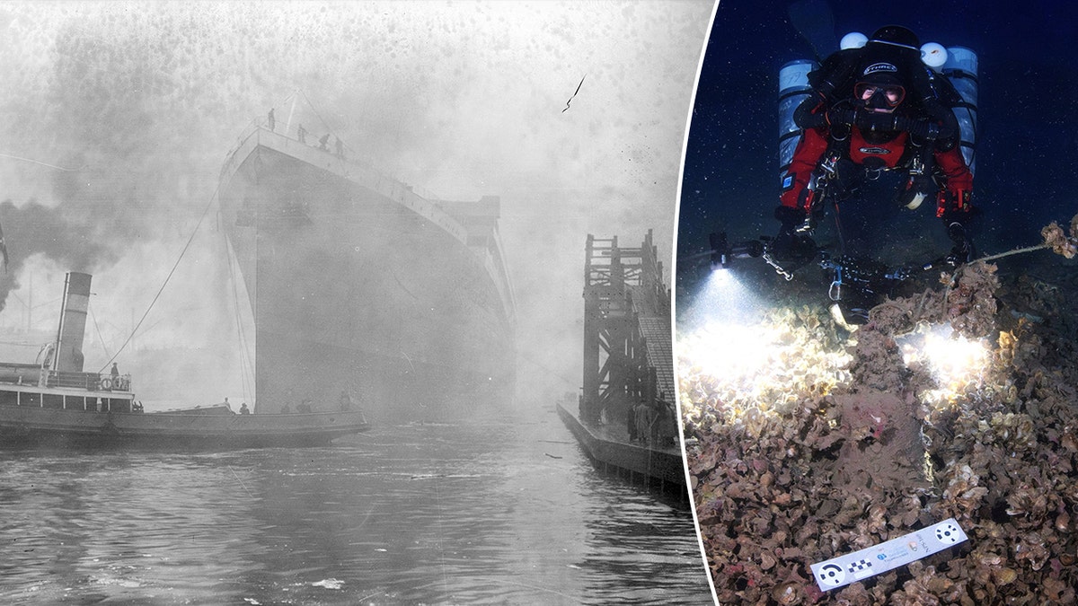 Split image of Britannic ship, diver at site