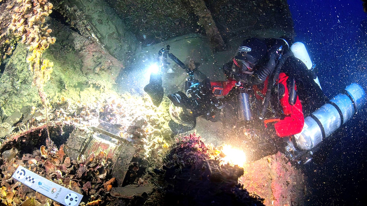 Underwater diver shining light on algae on ship