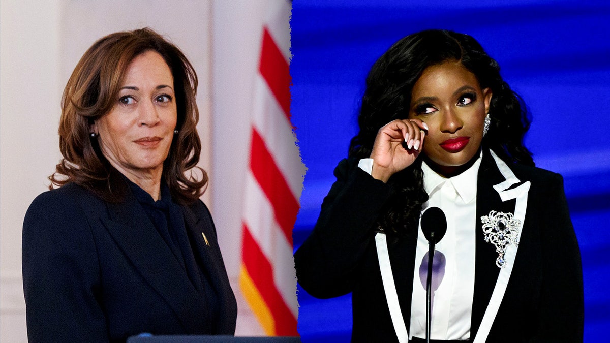 A split image of Jasmine Crockett and Kamala Harris