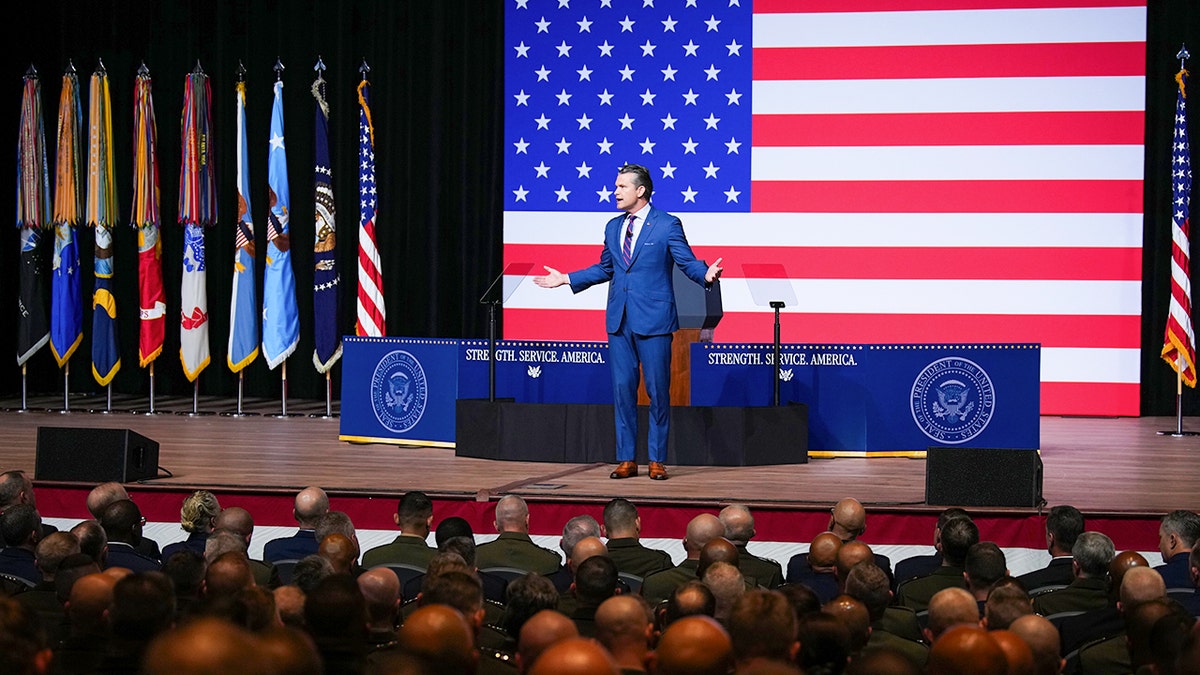War Secretary Hegseth speaks on Sept. 30, 2025