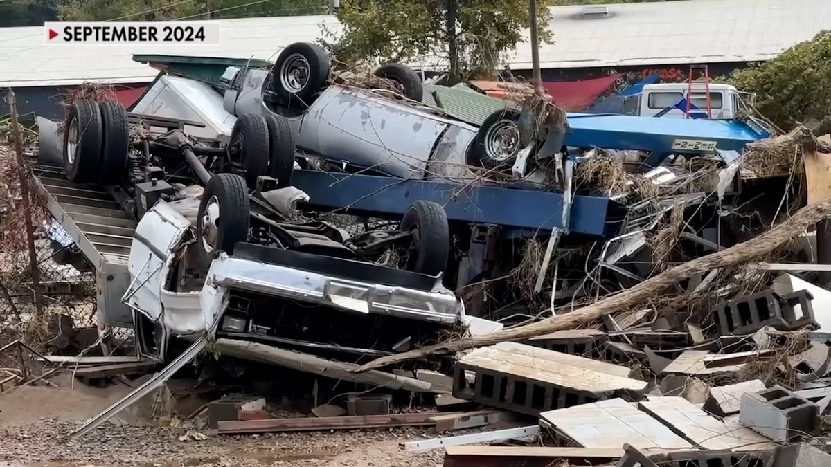 Mangled cars after Helene