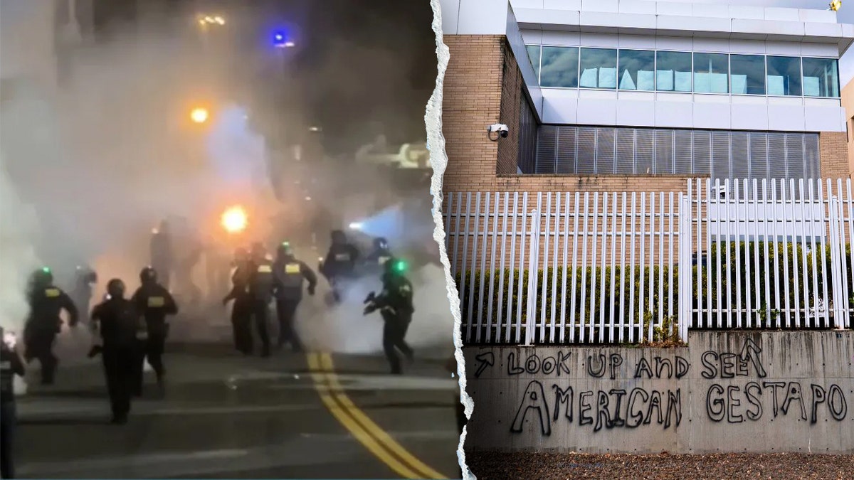 Composite of ICE protest clash and Portland ICE building graffiti.