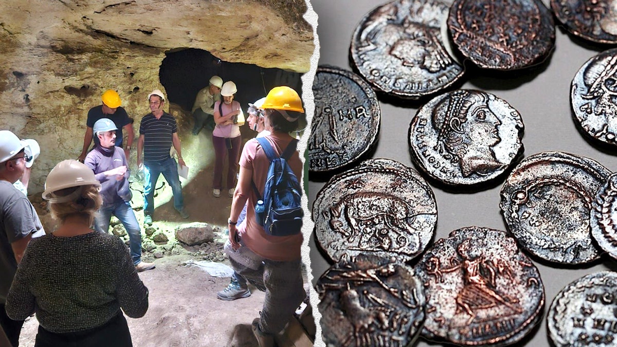 Split image of volunteers at site, ancient coin spread