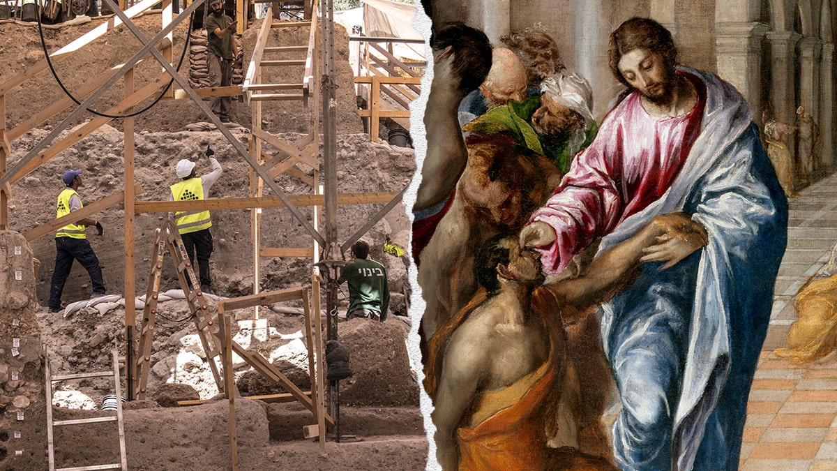 Split image of the worker on the scene, painting of Jesus healing the blind