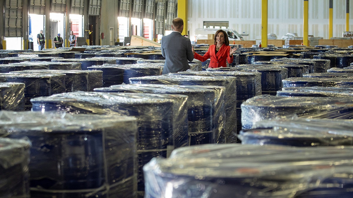 U.S. Attorney Jeanine Pirro stands amidst bust of precursor chemicals in Pasadena